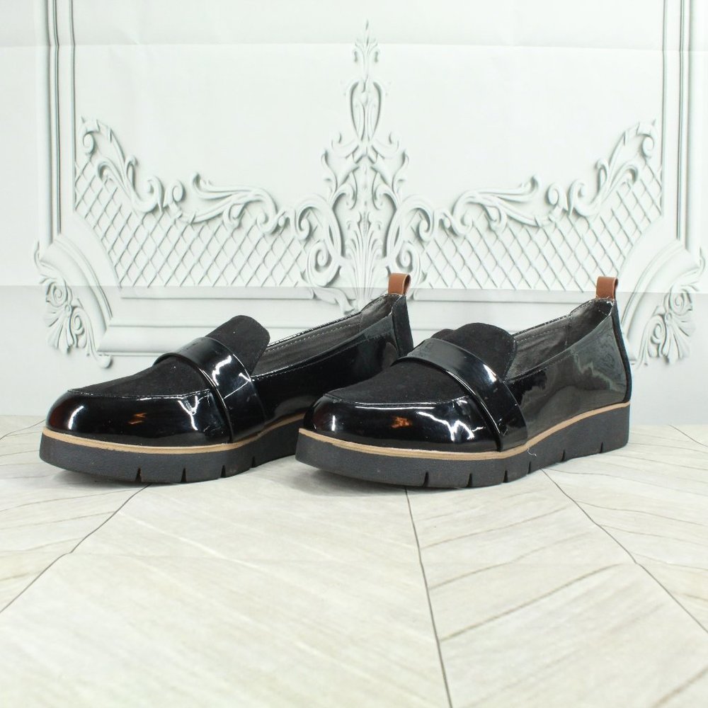 DR. SCHOLLS Black Leather Slides Slip On Flat Loafer Shoes Size 9 M - Picture 2 of 9